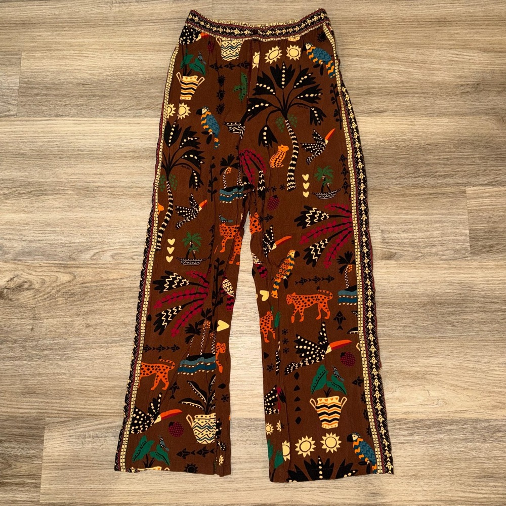 Farm Rio for Anthropologie Tropical Jungle Print Wide Leg Pants Brown XS 278951